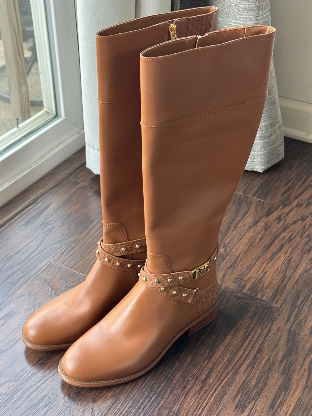 Michael Kors Cognac Brown Leather Tall Studded Harness Boots, Like New